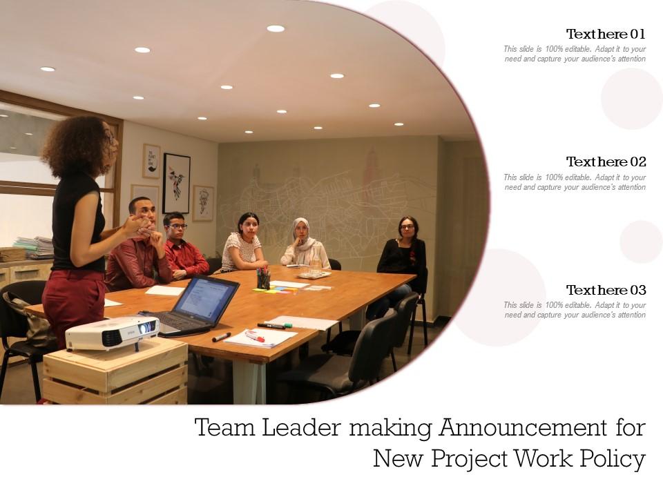 Team leader making announcement for new project work policy Slide00