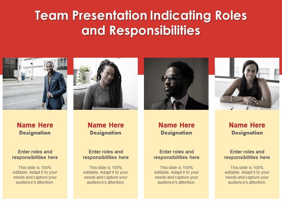 Team presentation indicating roles and responsibilities infographic template