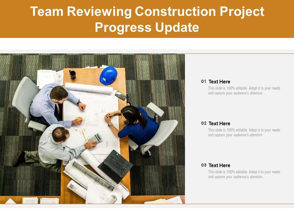 Team reviewing construction project progress update Slide01