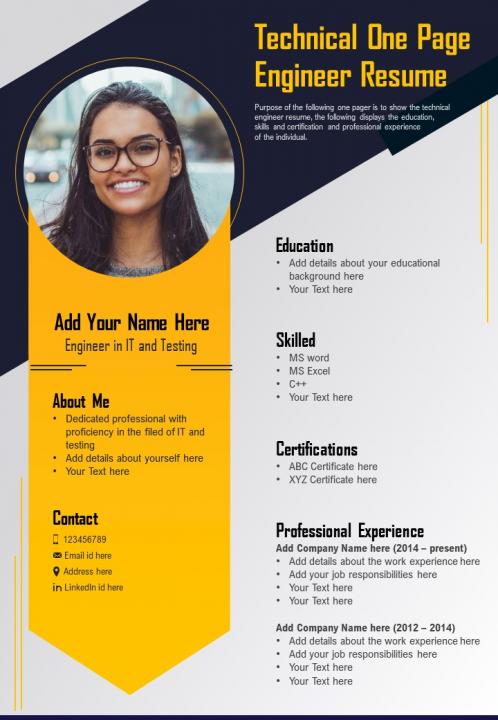Technical one page engineer resume presentation report infographic ppt pdf document Slide01