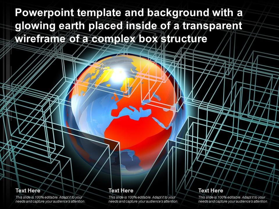 Template with a glowing earth placed inside of a transparent wireframe of a complex box structure