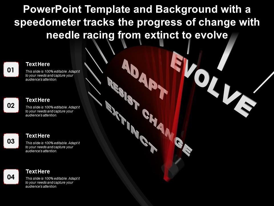 Template with a speedometer tracks progress of change with needle racing from extinct to evolve