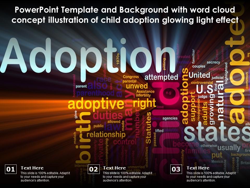 Template with word cloud concept illustration of child adoption glowing light effect Slide01