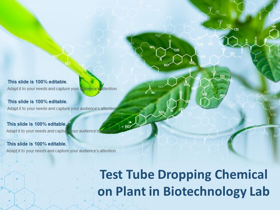 Test tube dropping chemical on plant in biotechnology lab