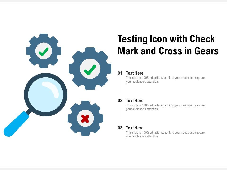 Testing Icon With Check Mark And Cross In Gears | PowerPoint Slides ...