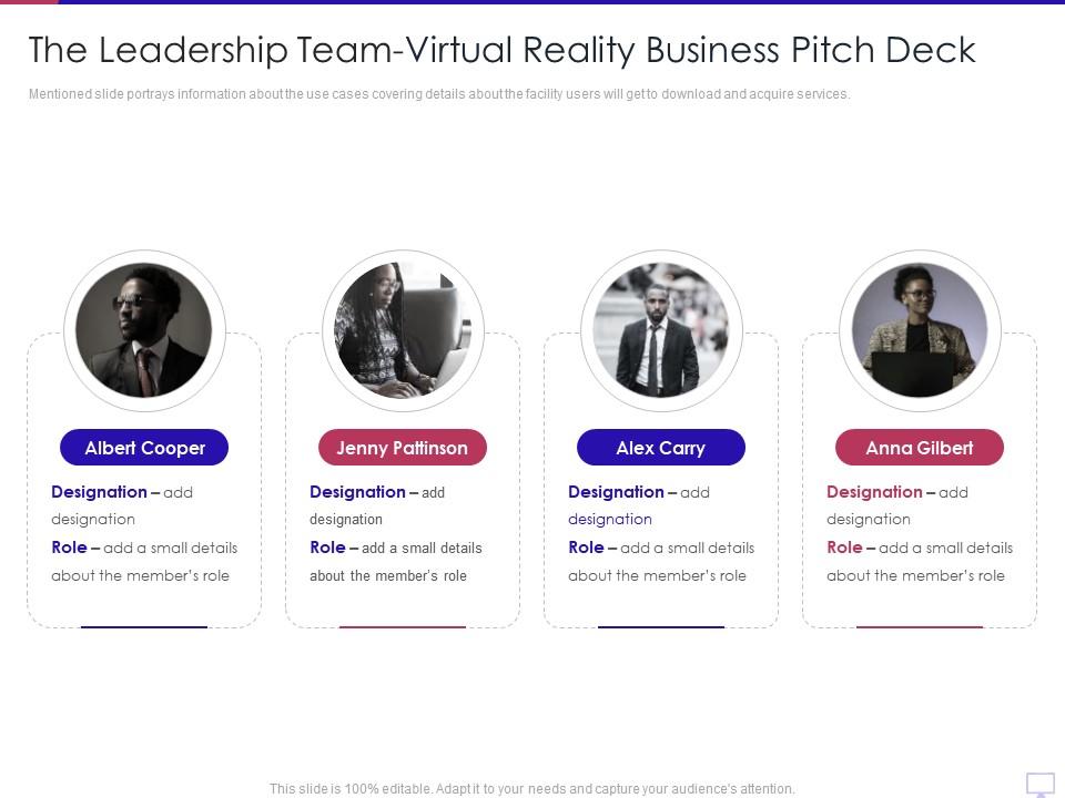 The leadership team virtual reality business pitch deck ppt rules Slide00