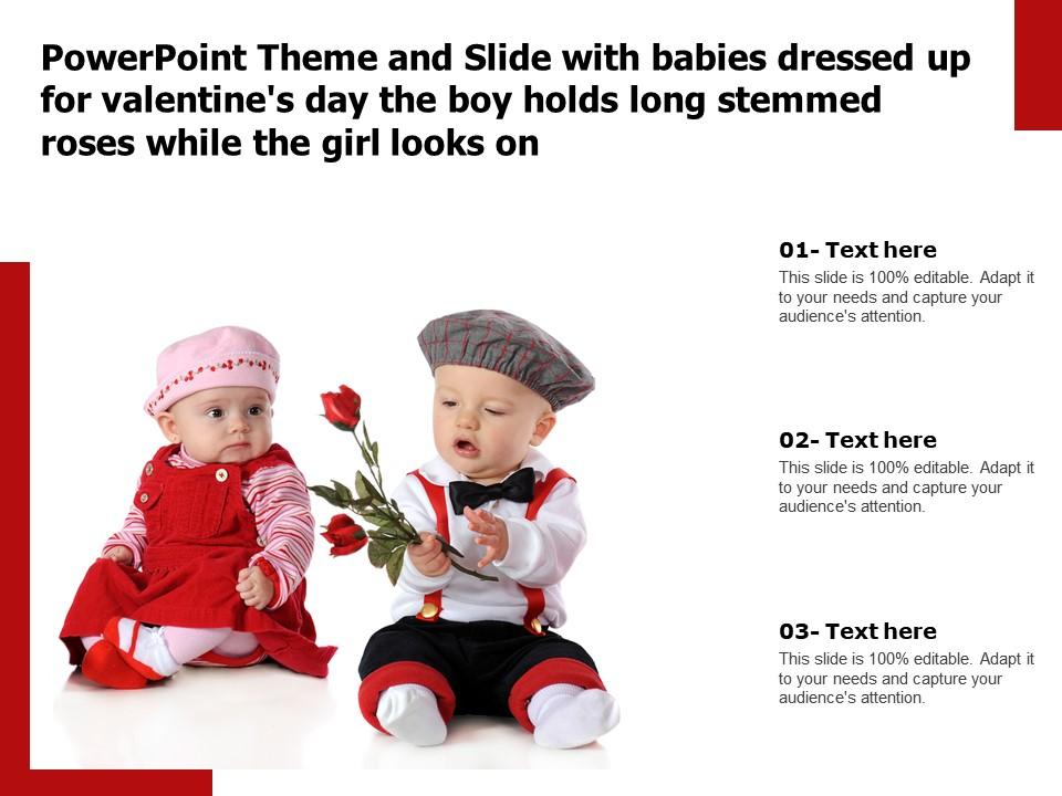 Theme slide with babies dressed up for valentines day boy holds long stemmed roses while girl looks on Slide01
