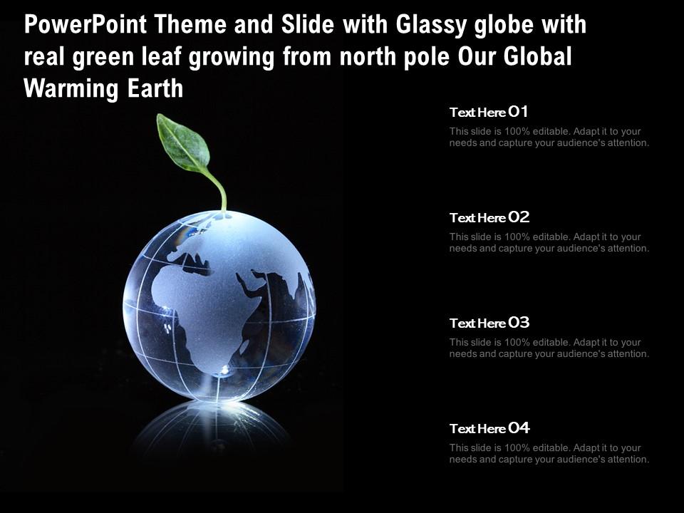 Theme slide with glassy globe with real green leaf growing from north pole our global warming earth Slide01