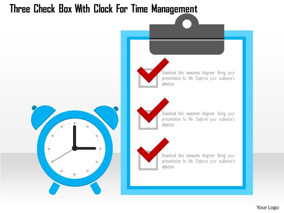 Three check box with clock for time management flat powerpoint design Slide00