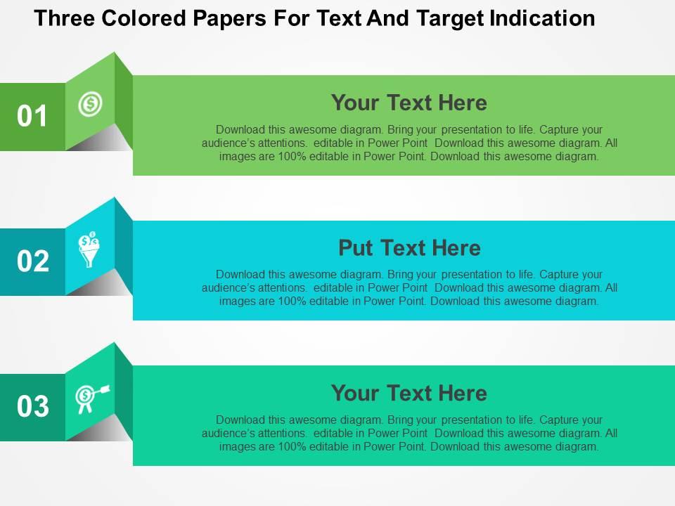 Three colored papers for text and target indication flat powerpoint design Slide01