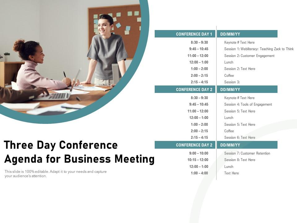 Three day conference agenda for business meeting Slide01