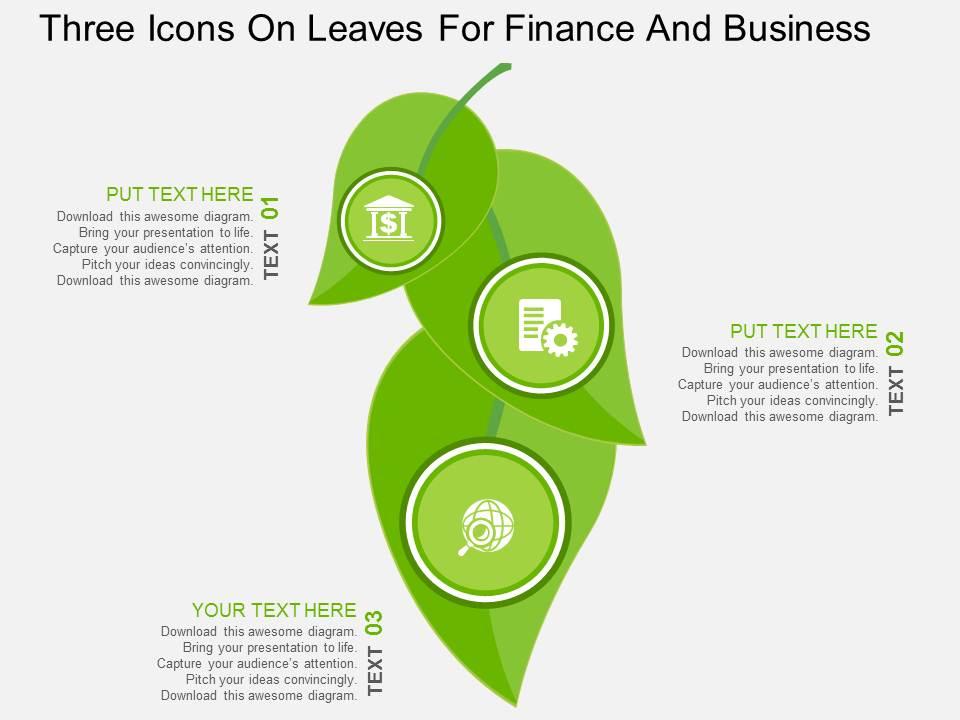 three_icons_on_leaves_for_finance_and_business_flat_powerpoint_design_Slide01
