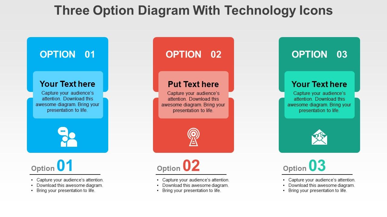 Three option diagram with technology icons flat powerpoint design