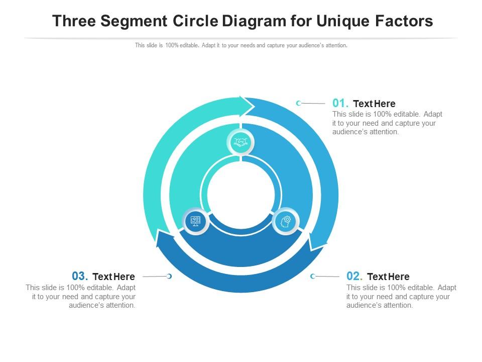 Three segment circle diagram for unique factors infographic template
