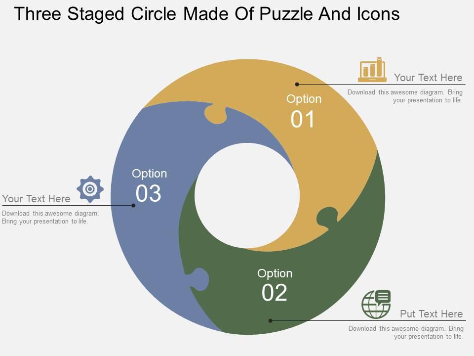 Three staged circle made of puzzle and icons flat powerpoint design Slide01