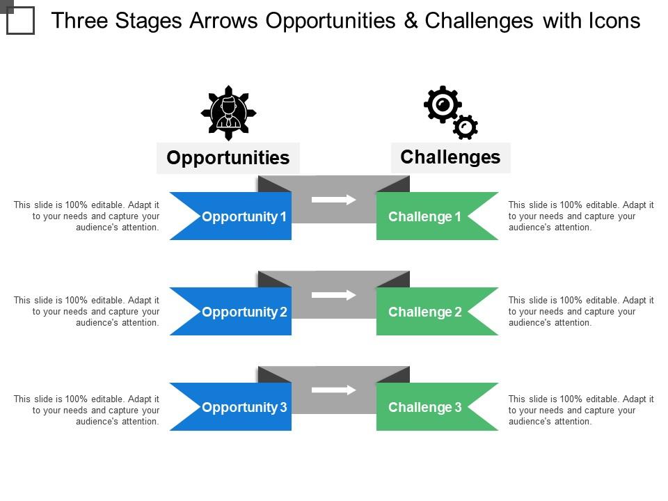 Three stages arrows opportunities and challenges with icons Slide01