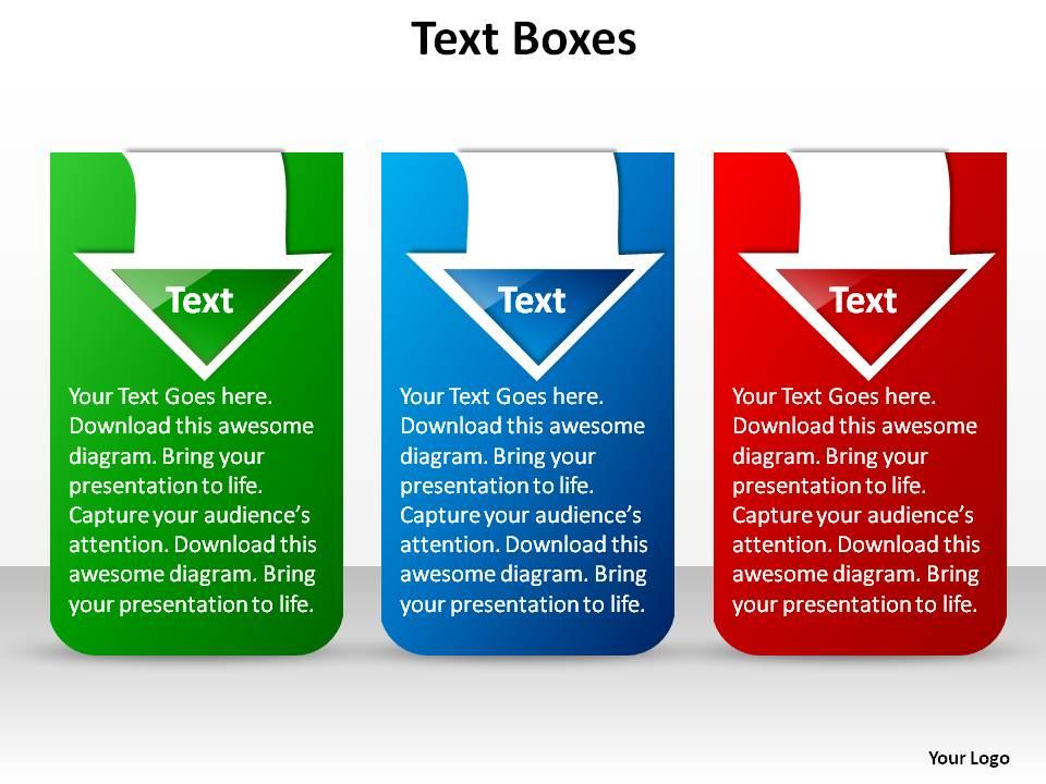 Three stylish text boxes blue green red with arrows ppt slides presentation diagrams templates powerpoint info graphics Slide01