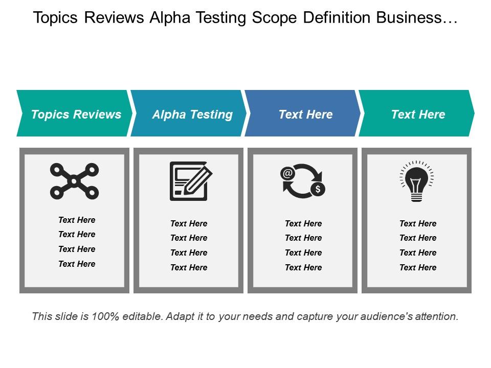 Topics Reviews Alpha Testing Scope Definition Business Scenarios Template Presentation