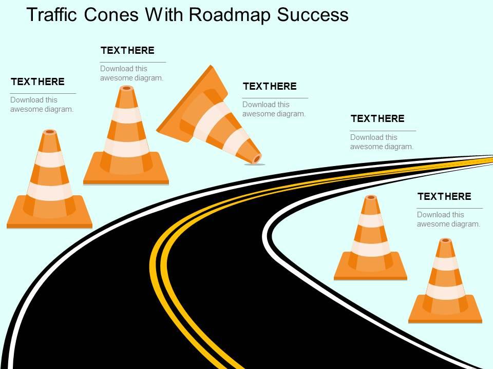 Traffic cones with roadmap success flat powerpoint design Slide00