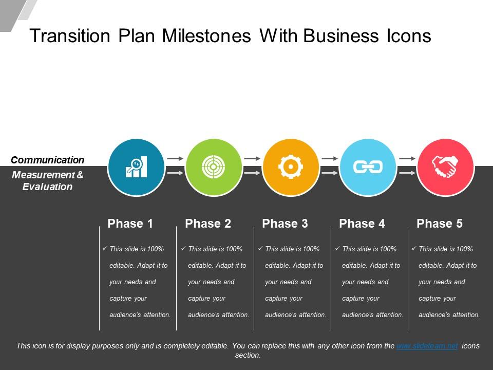 Transition plan milestones with business icons powerpoint show Slide00