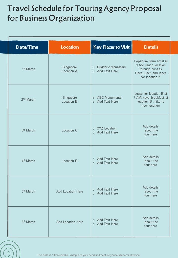 Travel Schedule For Touring Agency Proposal For Business Organization