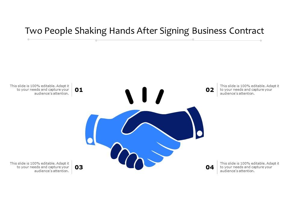 Two people shaking hands after signing business contract Slide01