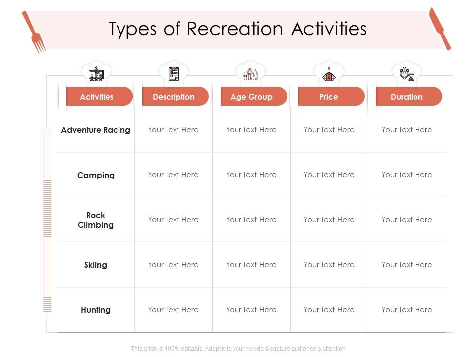 Types of recreation activities hotel management industry ppt brochure Slide01