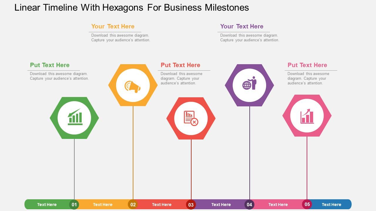 Uf linear timeline with hexagons for business milestones flat powerpoint design Slide01