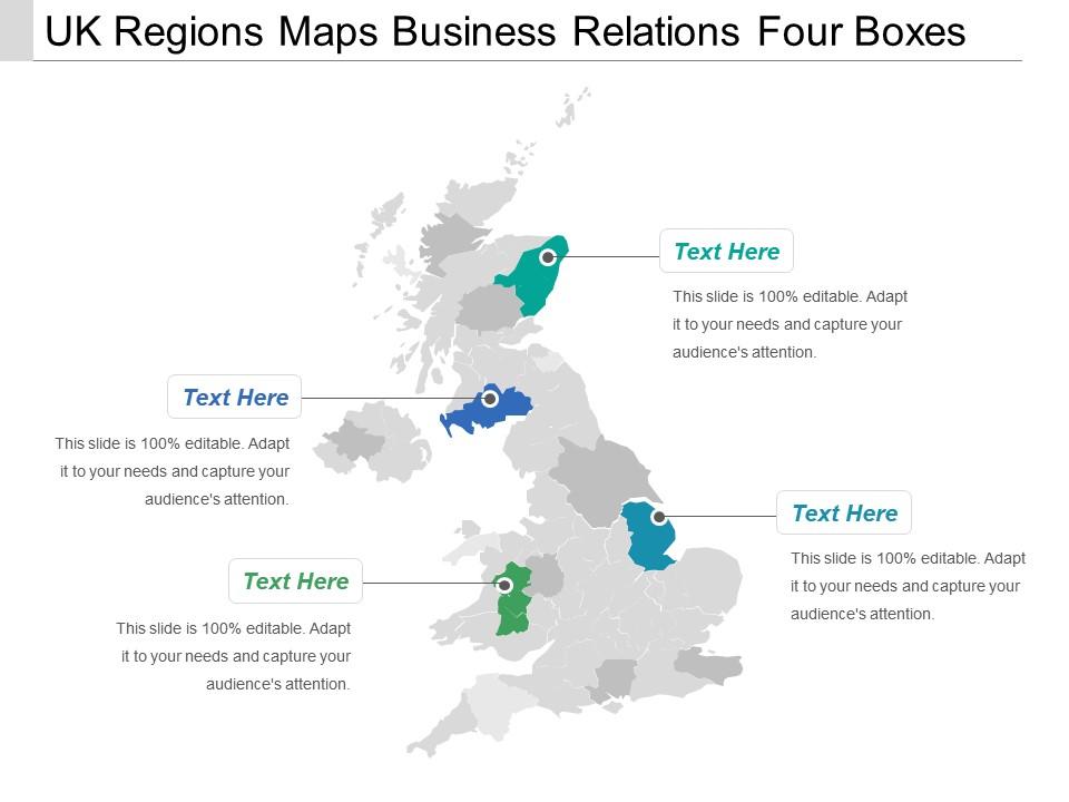 Uk regions maps business relations four boxes Slide01