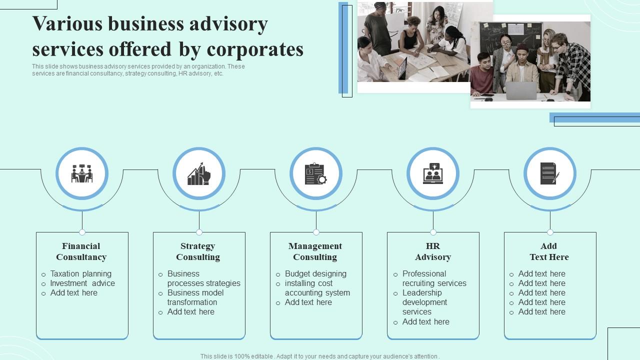 Various Business Advisory Services Offered By Corporates PPT Slide