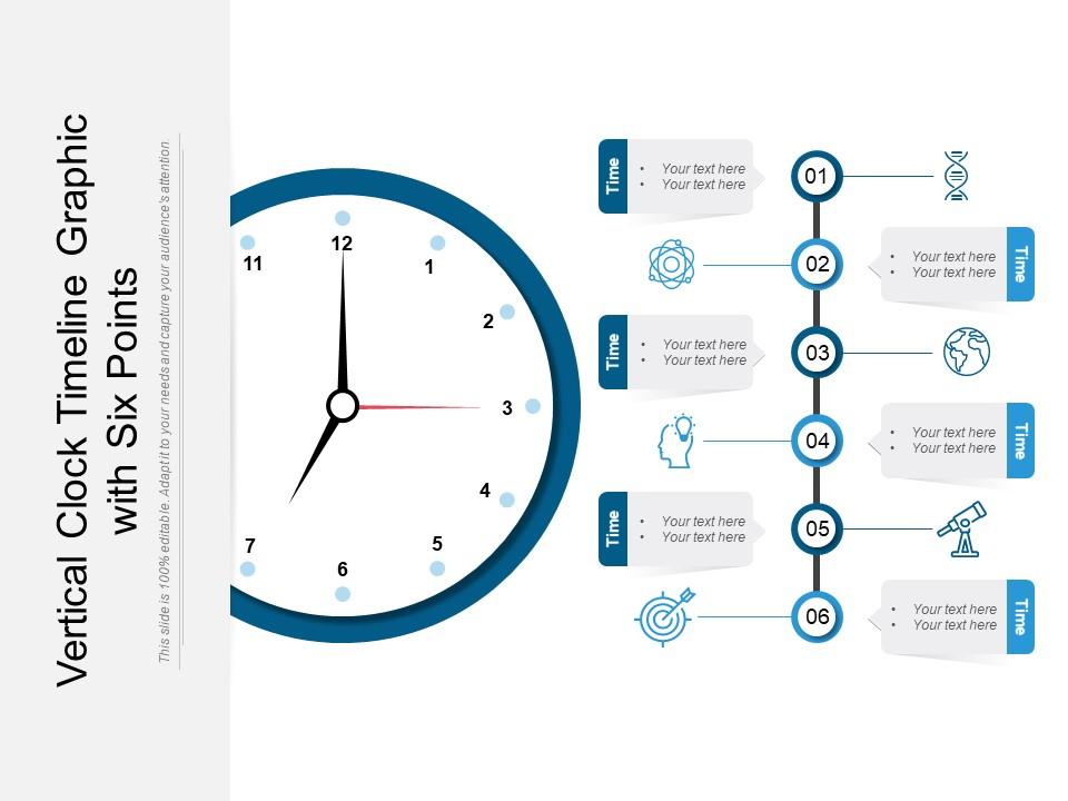 Vertical Clock Timeline Graphic With Six Points Presentation