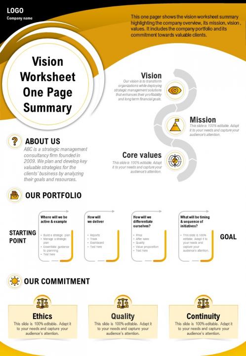 Vision worksheet one page summary presentation report infographic ppt pdf document Slide01