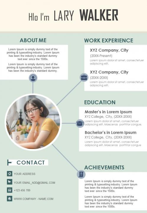 Visual resume design template with work experience and educational details Slide01