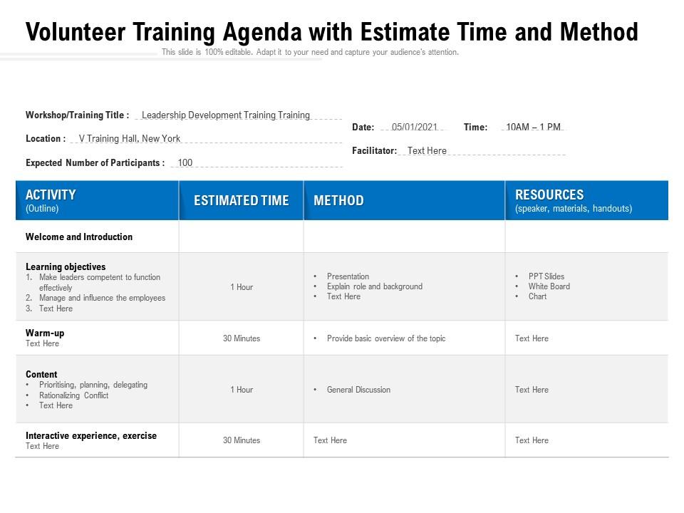 Volunteer training agenda with estimate time and method