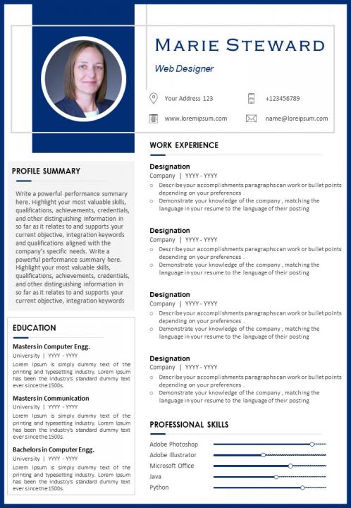 Web designer visual resume sample with professional skills Slide01