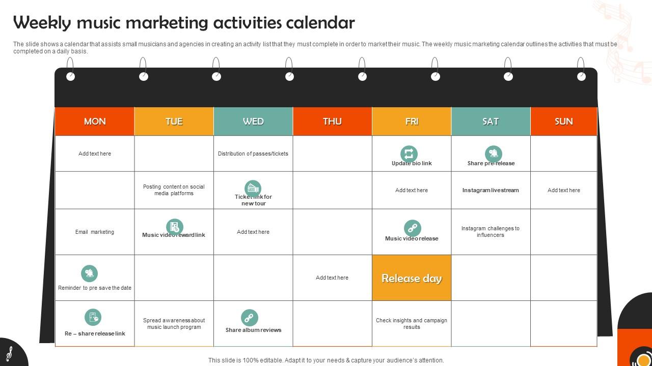 Weekly Music Marketing Activities Calendar PPT Presentation