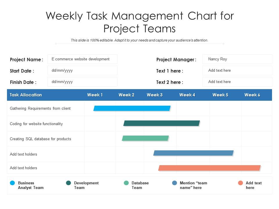 Weekly task management chart for project teams Slide01