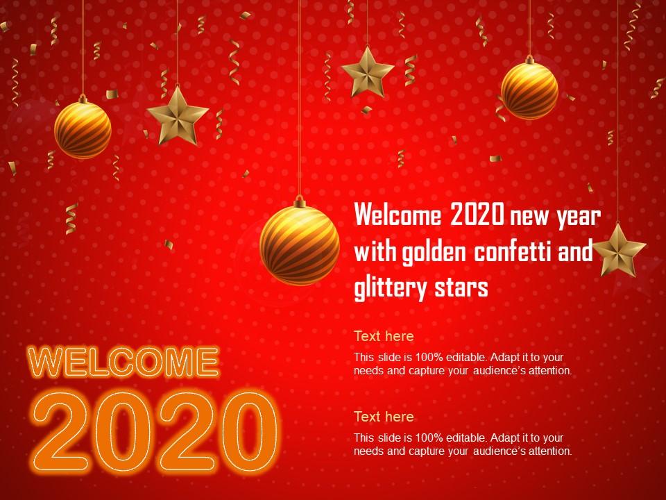 Welcome 2020 new year with golden confetti and glittery stars ppt rules Slide01