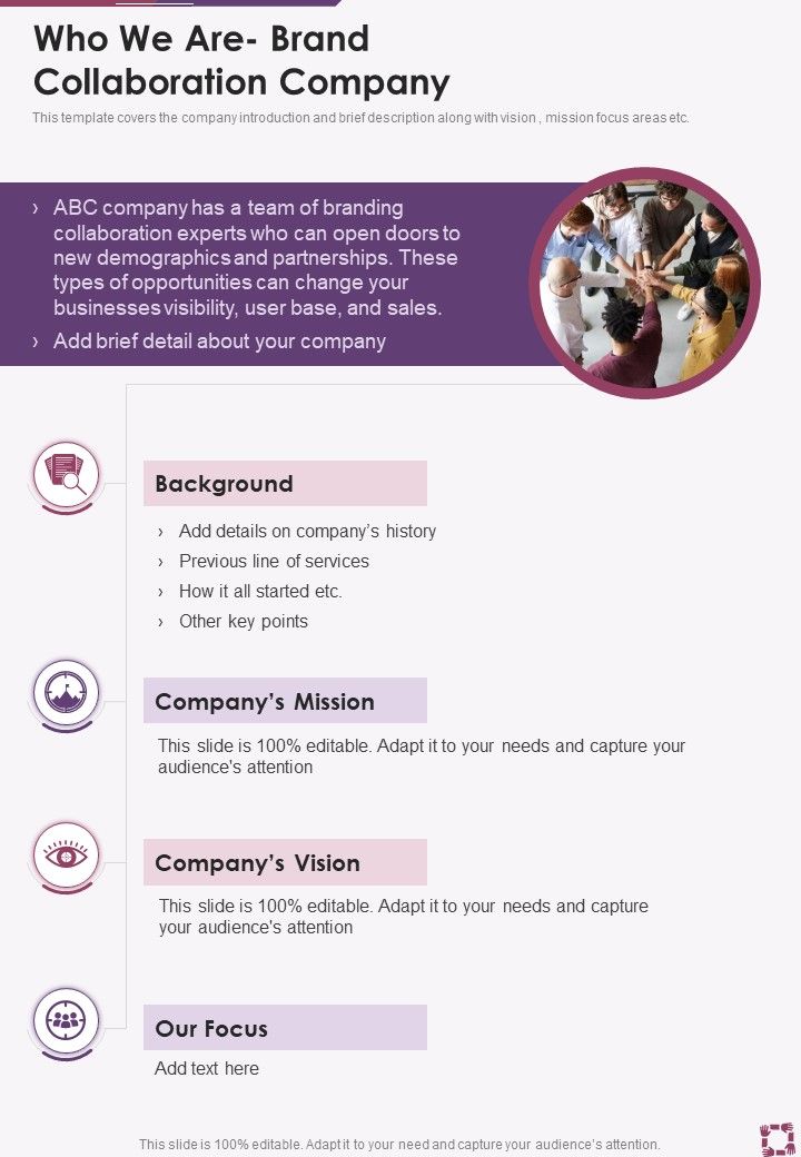 Who We Are Brand Collaboration Company One Pager Sample Example