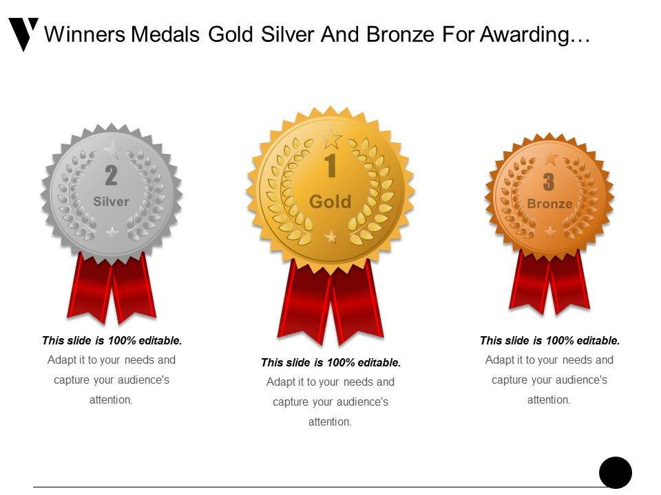 Winners Medals Gold Silver And Bronze For Awarding Prize Ppt Example