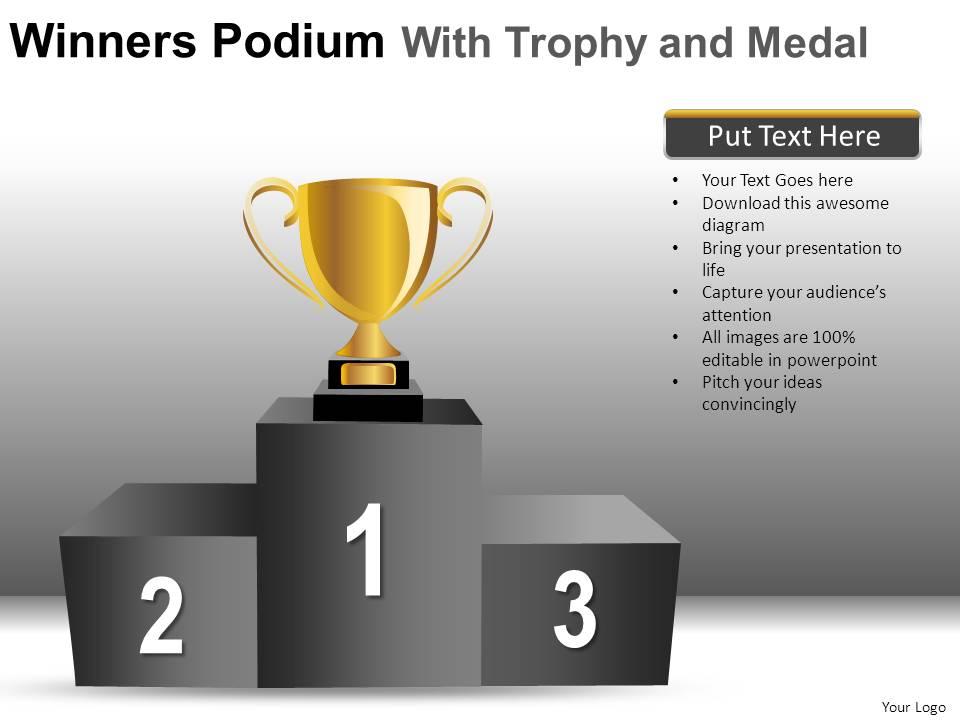 Winners podium with trophy and medal powerpoint presentation slides db Slide01