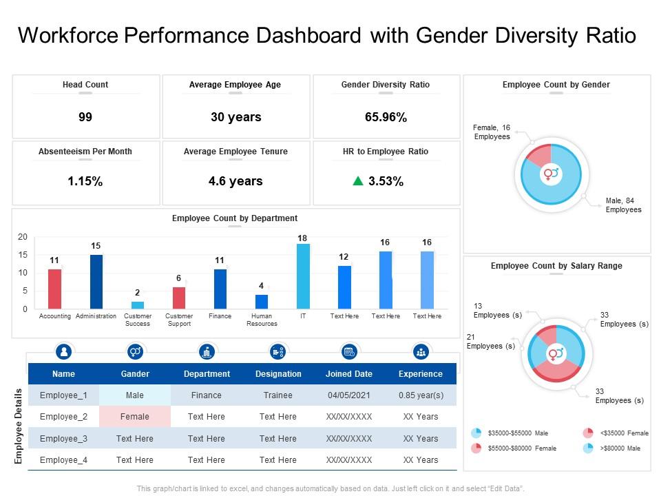 Workforce performance dashboard with gender diversity ratio Slide01