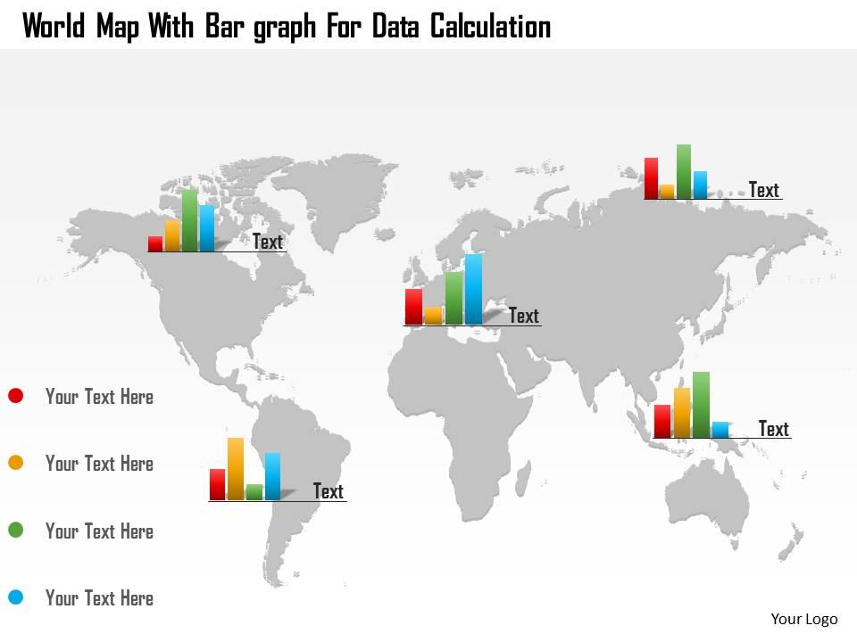 World map with bar graphs for data calculation ppt presentation slides Slide00