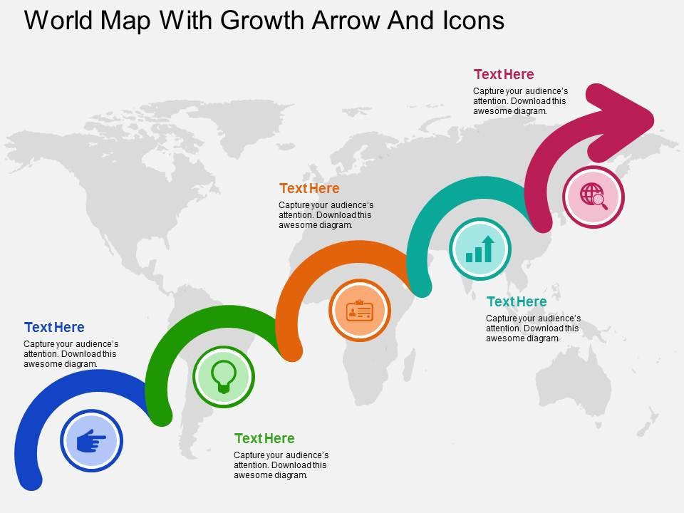 World map with growth arrow and icons flat powerpoint design Slide00
