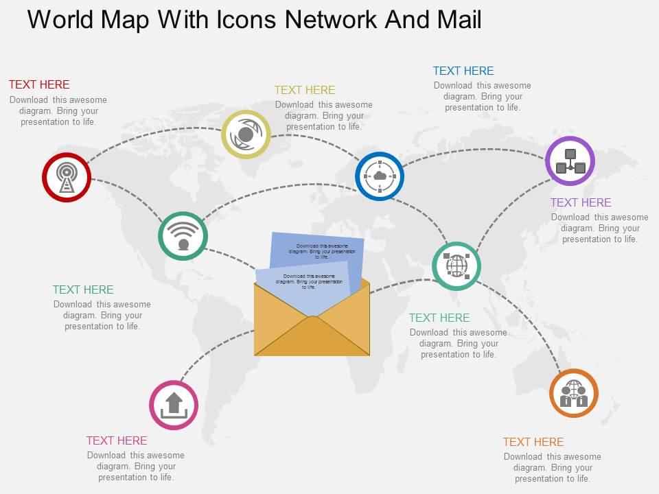 World map with icons network and mail ppt presentation slides Slide01