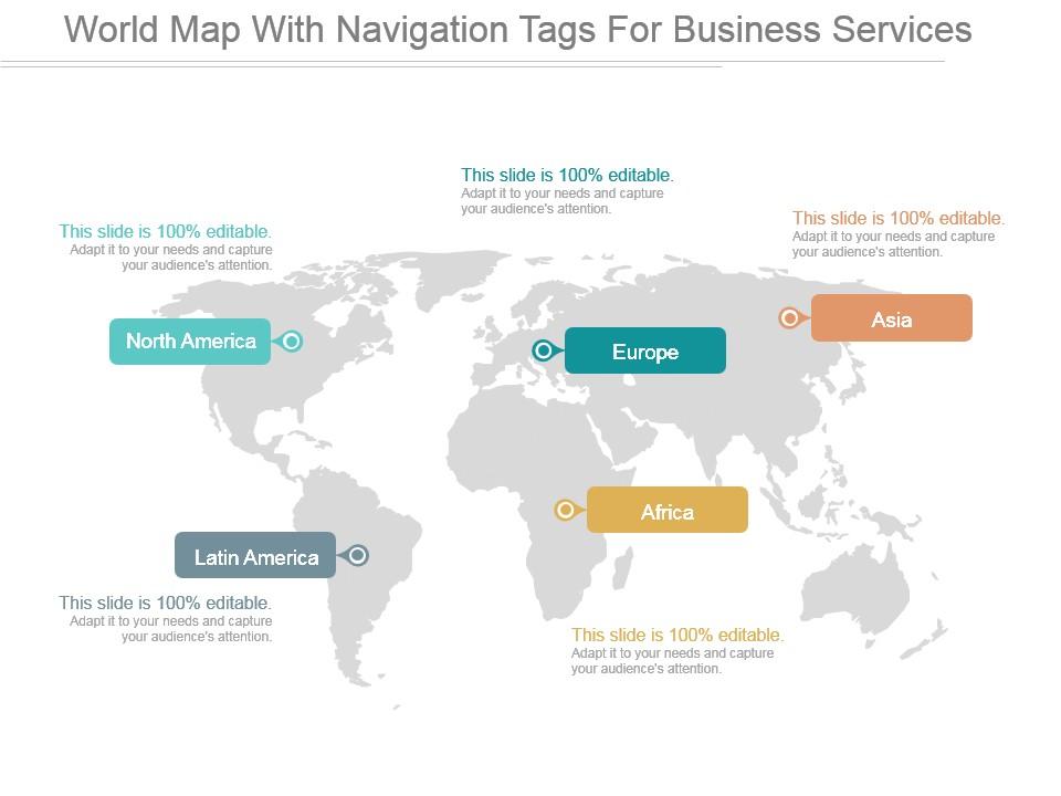 World map with navigation tags for business services ppt slide styles Slide00