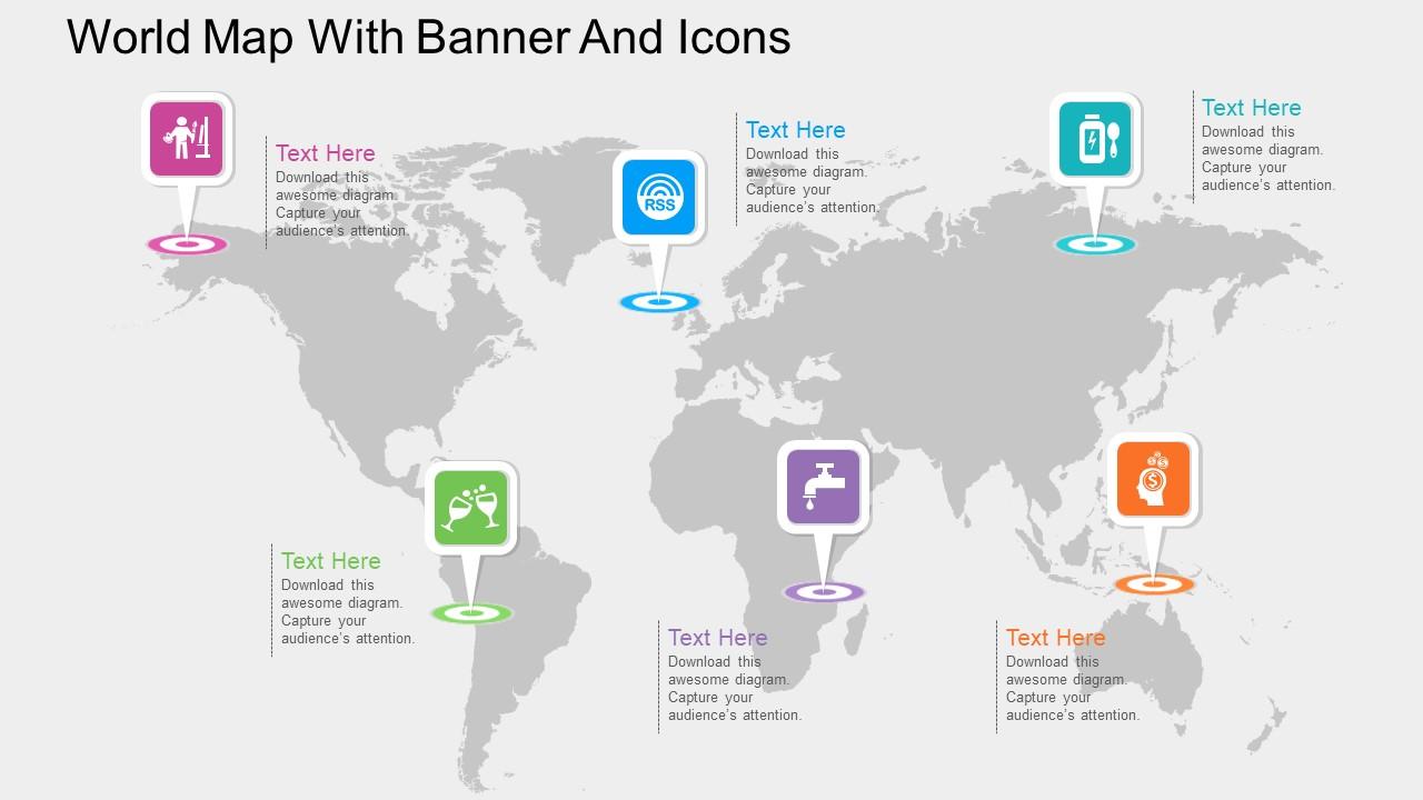 World map with various banners and icons ppt presentation slides Slide00