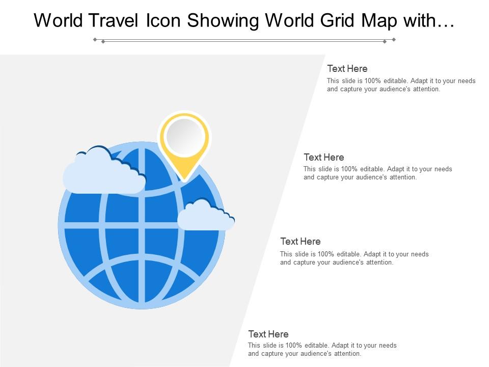 World travel icon showing world grid map with location sign Slide01