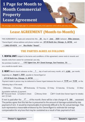 1 page for month to month commercial property lease agreement report infographic ppt pdf document