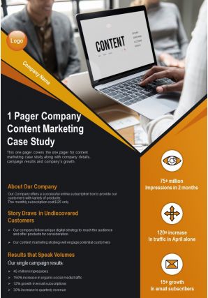 1 pager company content marketing case study presentation report infographic ppt pdf document